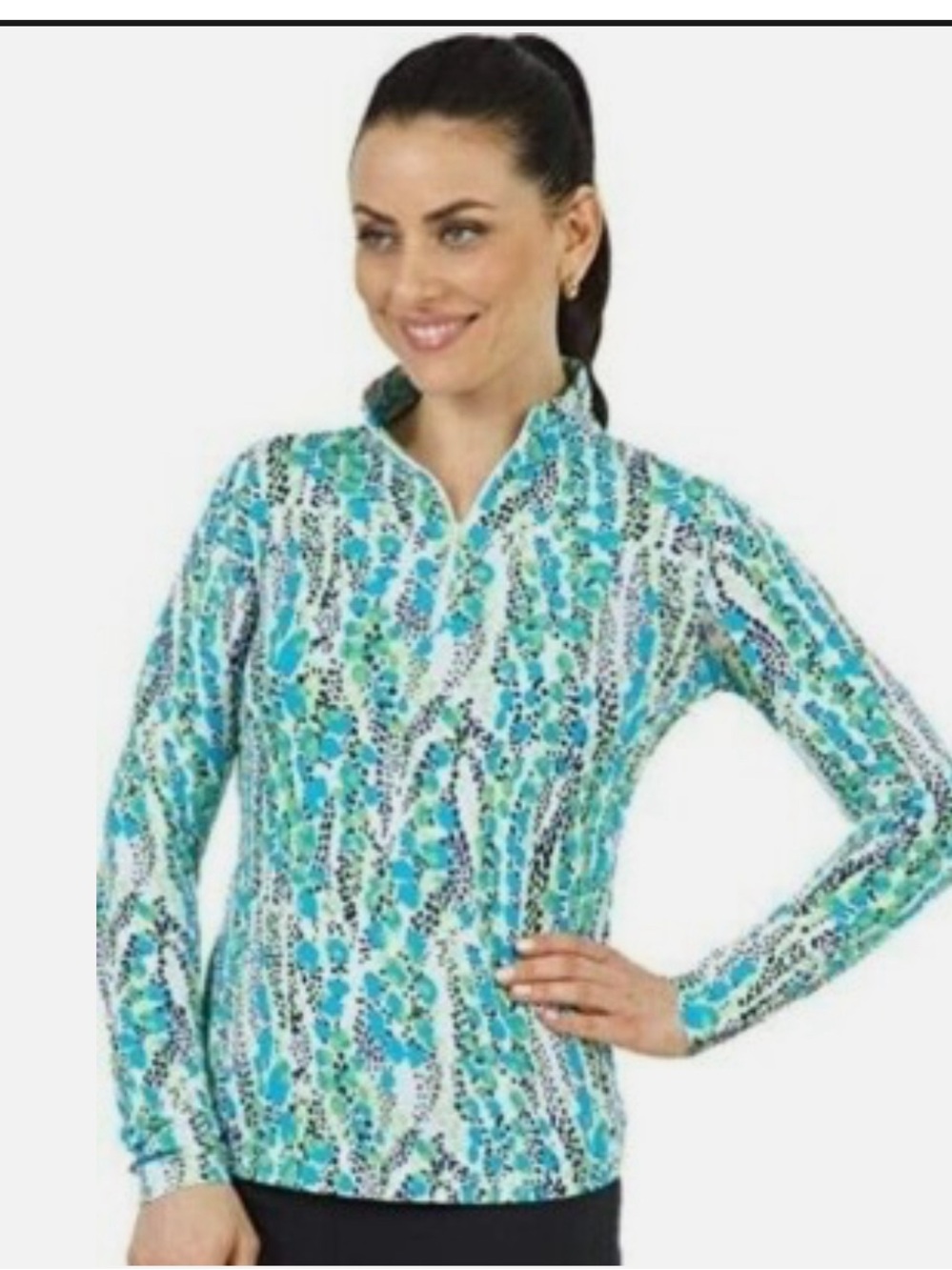 IBKUL Kamila Mock Zipper Turquoise / Lime Athleisure Long Sleeve Top Size Large
